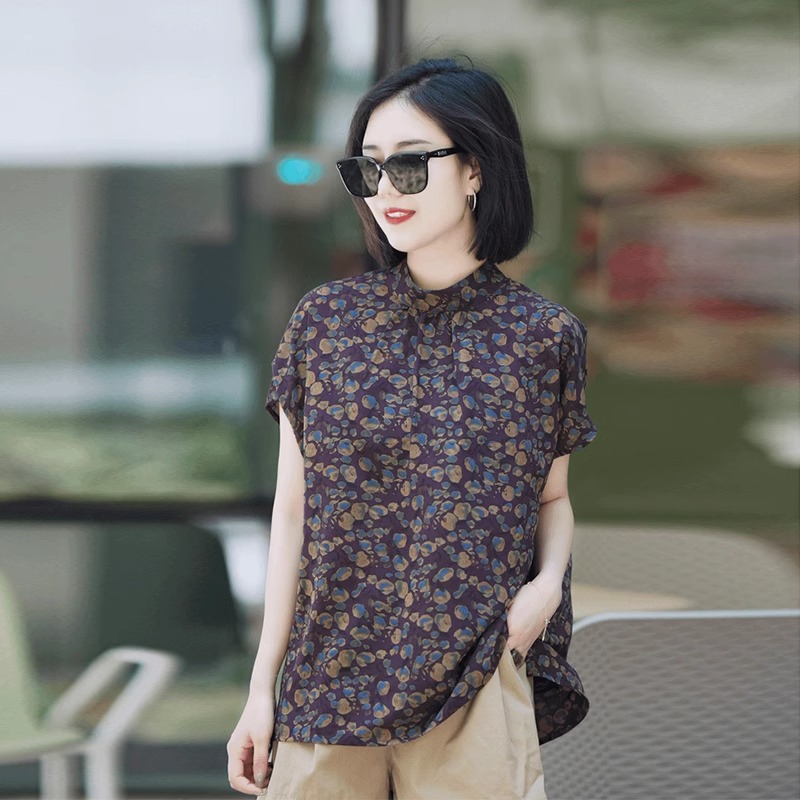 新中式立领单排扣衬衫女夏季显瘦设计感碎花短袖t恤气质减龄上衣