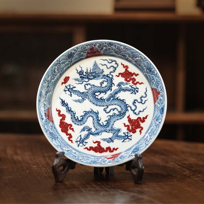 釉里红海水龙纹壶承茶具陶瓷中式茶道家用纯手工