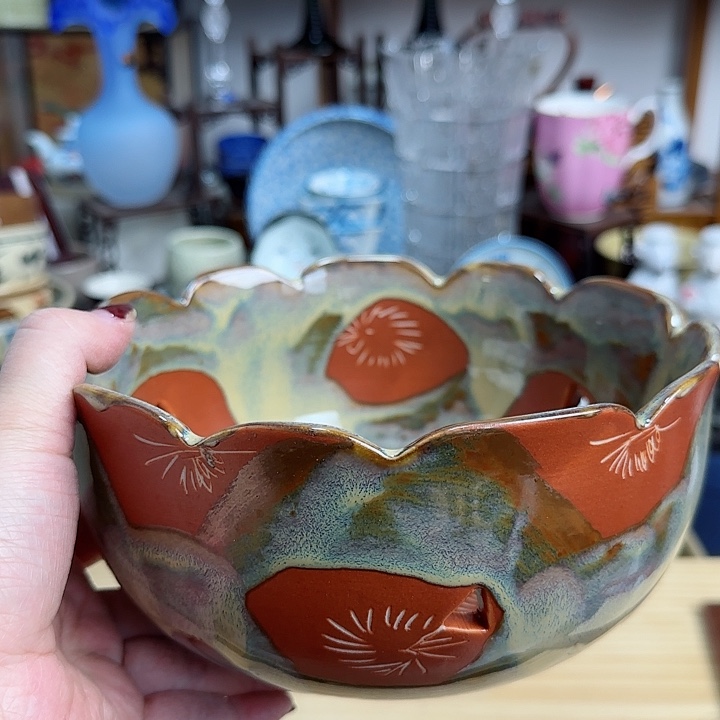 瓷片柿子红镂空果子钵啊啊啊啊啊啊