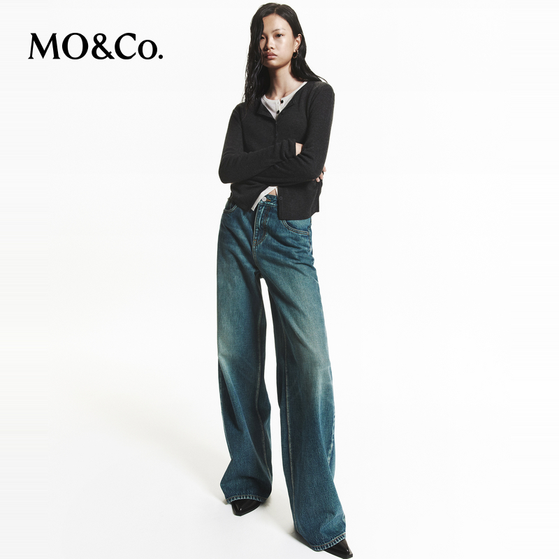 MOCO秋季黄绿光感棉高腰及地阔腿裤牛仔裤MBD3JENK08