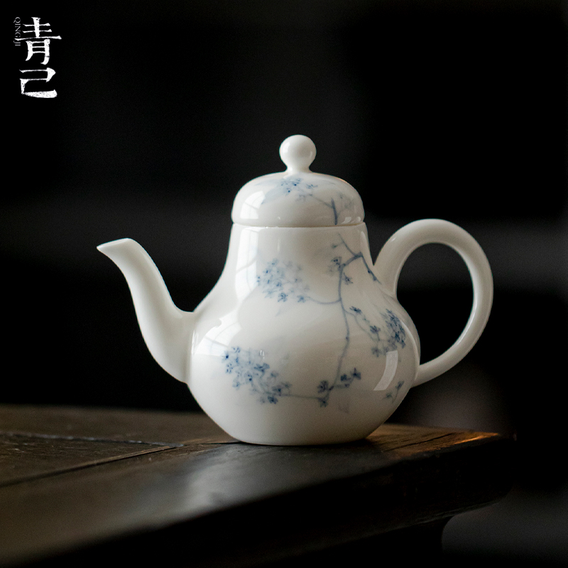 青己手绘风叩桂影玉泥茶壶白瓷功夫茶具家用球孔过滤手执壶泡茶壶