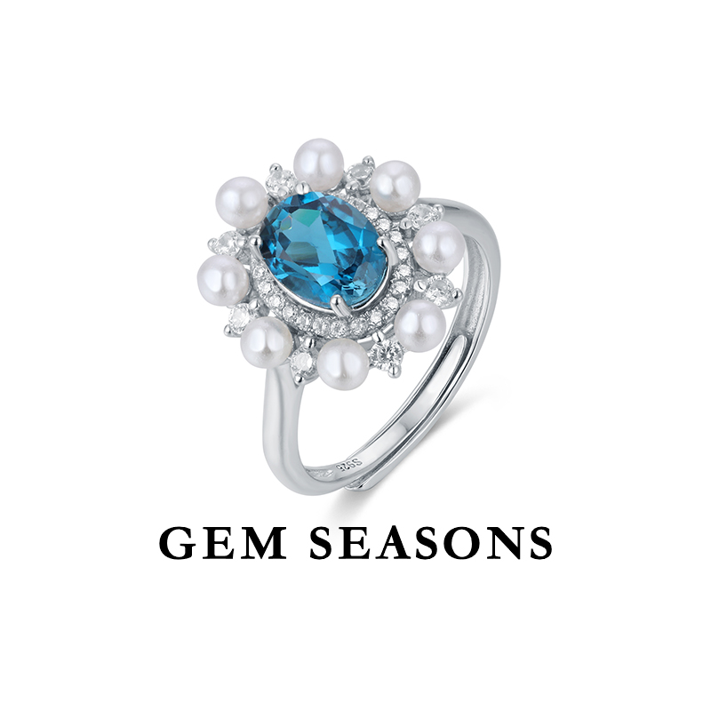 GEM SEASONS天然托帕石戒指 宫廷风伦敦蓝色宝石银戒小众轻奢气质