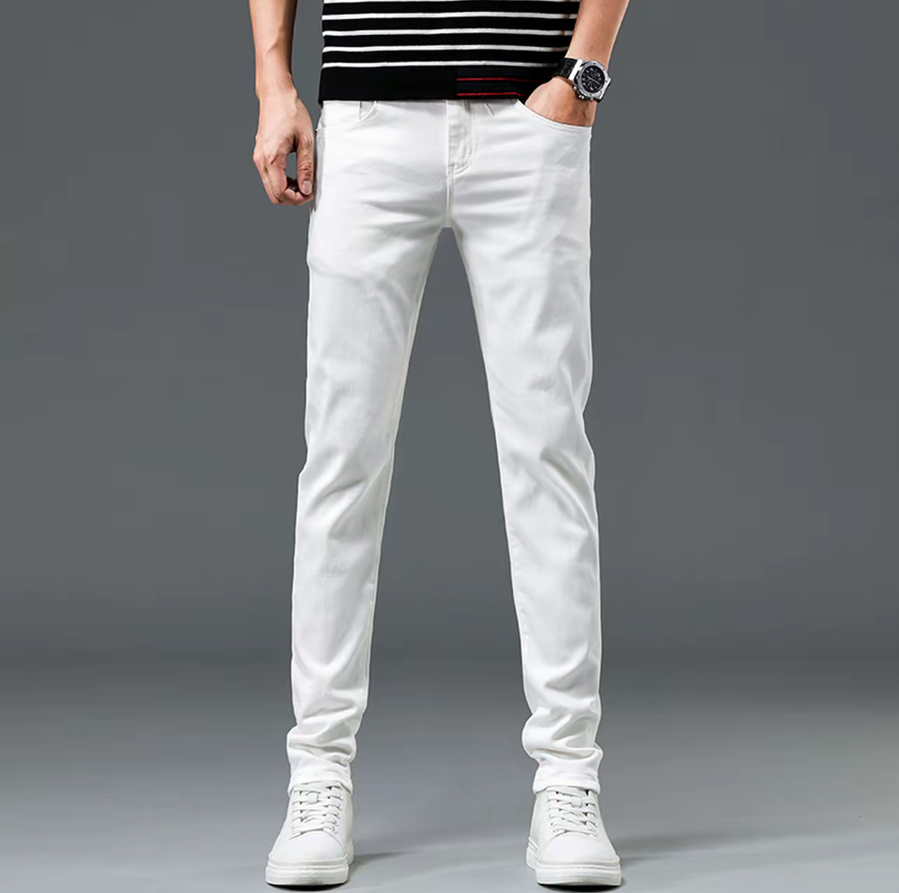 男士时尚白色韩版百搭修身欧货弹力潮流秋冬加厚牛仔裤