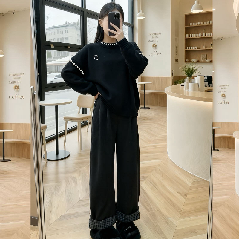 【沫小熙】2025秋冬新款洋气孕妇装长袖毛衣上衣阔腿裤显瘦时尚套装