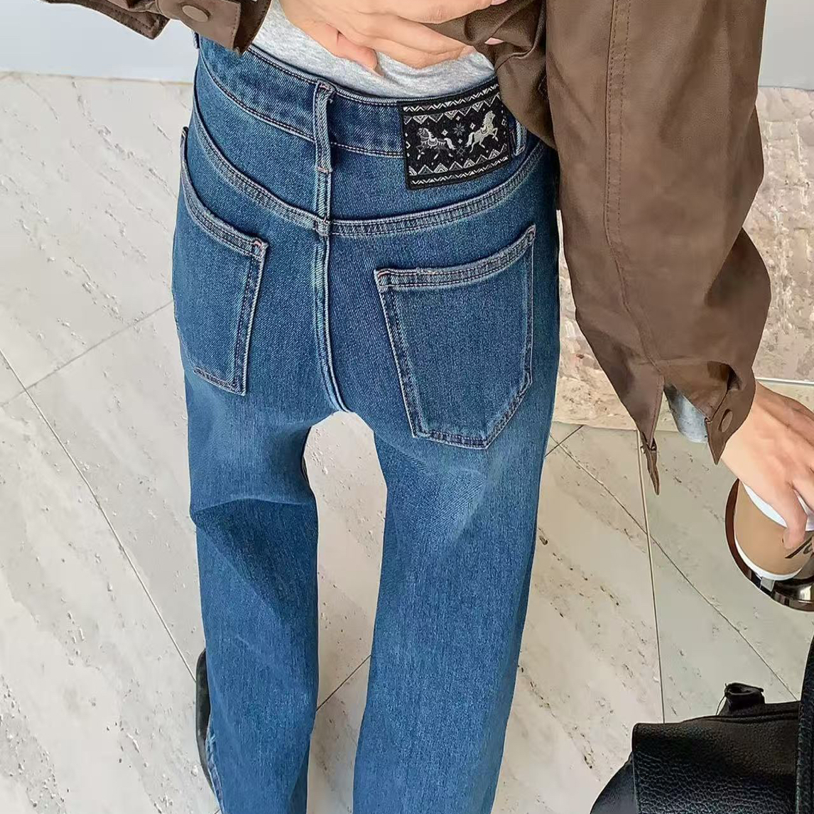 TYZ-66781 冬款高腰显瘦加绒窄版小直筒牛仔筒裤女阔腿裤