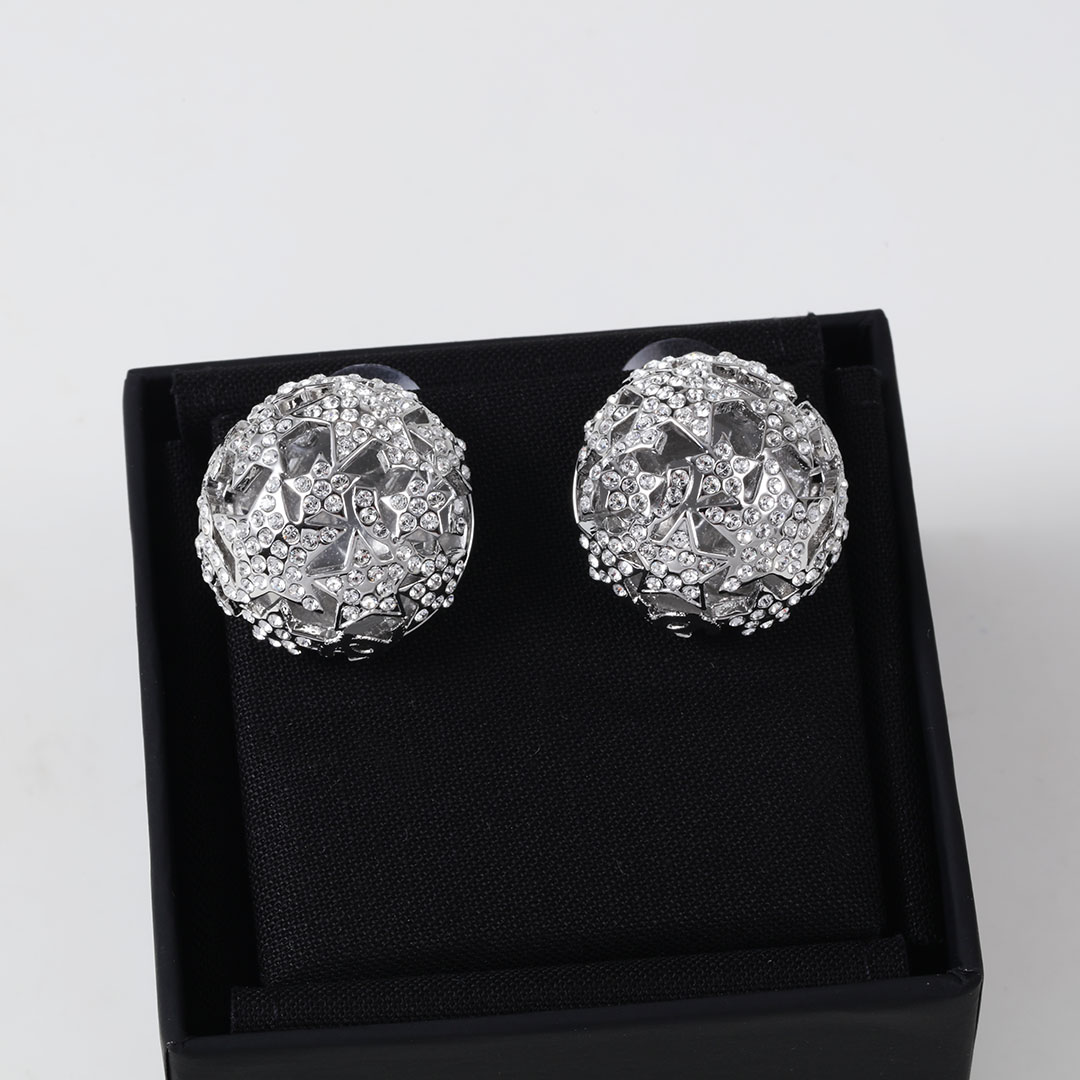 铜合金合成锆石耳饰 新款银色水钻球 星星圆形球球镂空水钻耳环