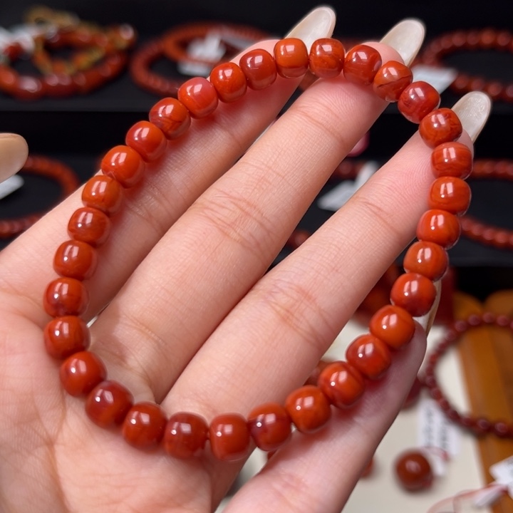 南红玛瑙未镶嵌手链柿子红玫红老型手串6.5+mm福利款