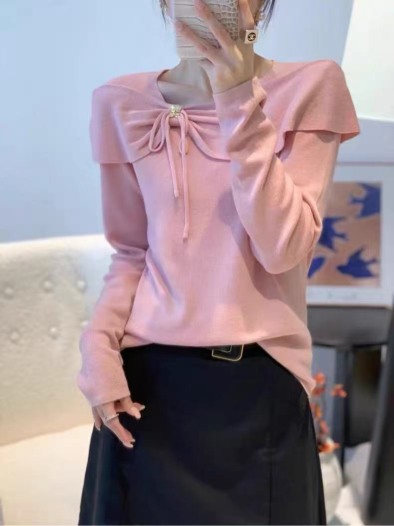 兰兰家领子蝴蝶结毛衣套头款早秋薄款毛针织衫气质针织厚款秋季
