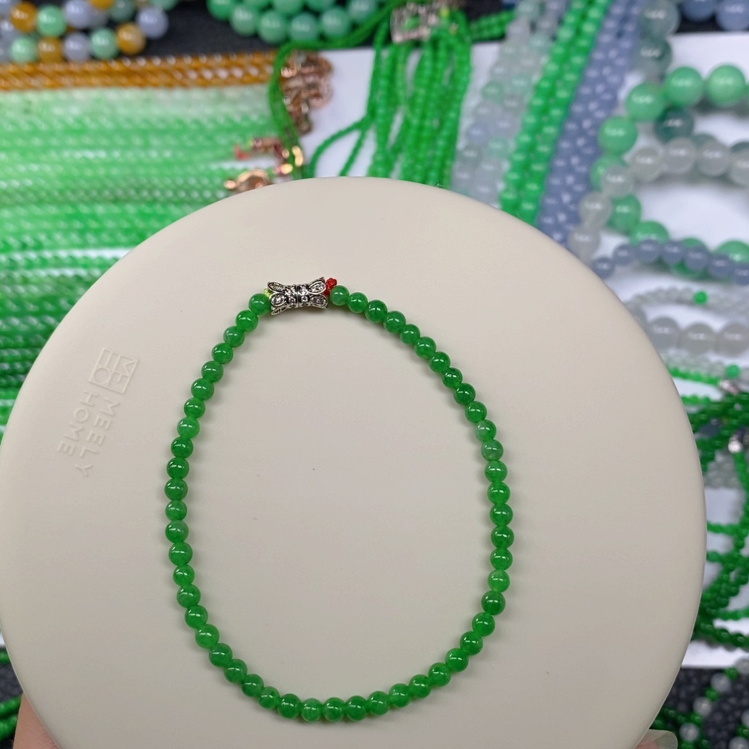 颈饰未镶嵌翡翠缅甸天然翡翠阳绿小米珠手链3.6