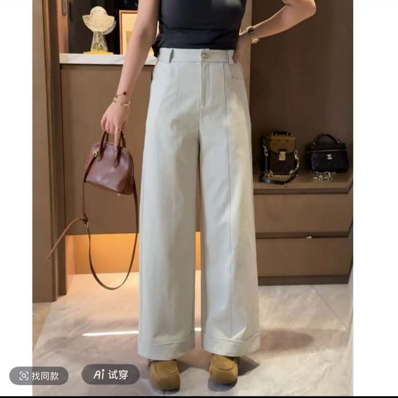 秋季新款时尚百搭高腰显瘦阔腿休闲直筒裤正开拉链裤口外反边
