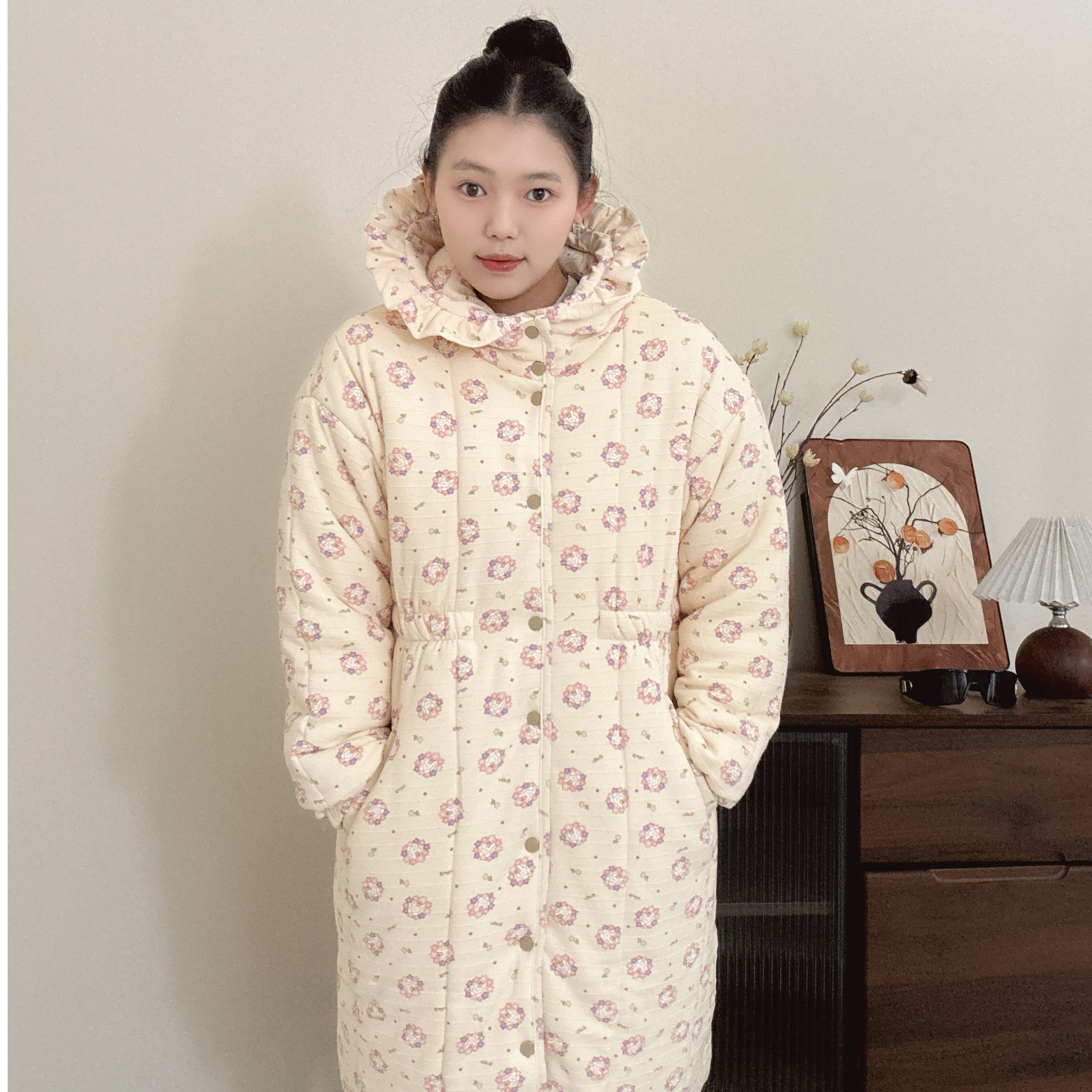 【花环长耳兔】收腰花边帽中长款新疆棉宽松家居服女保暖棉衣棉服