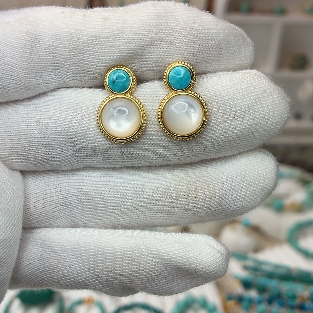 银S925镀金镶嵌绿松石耳钉