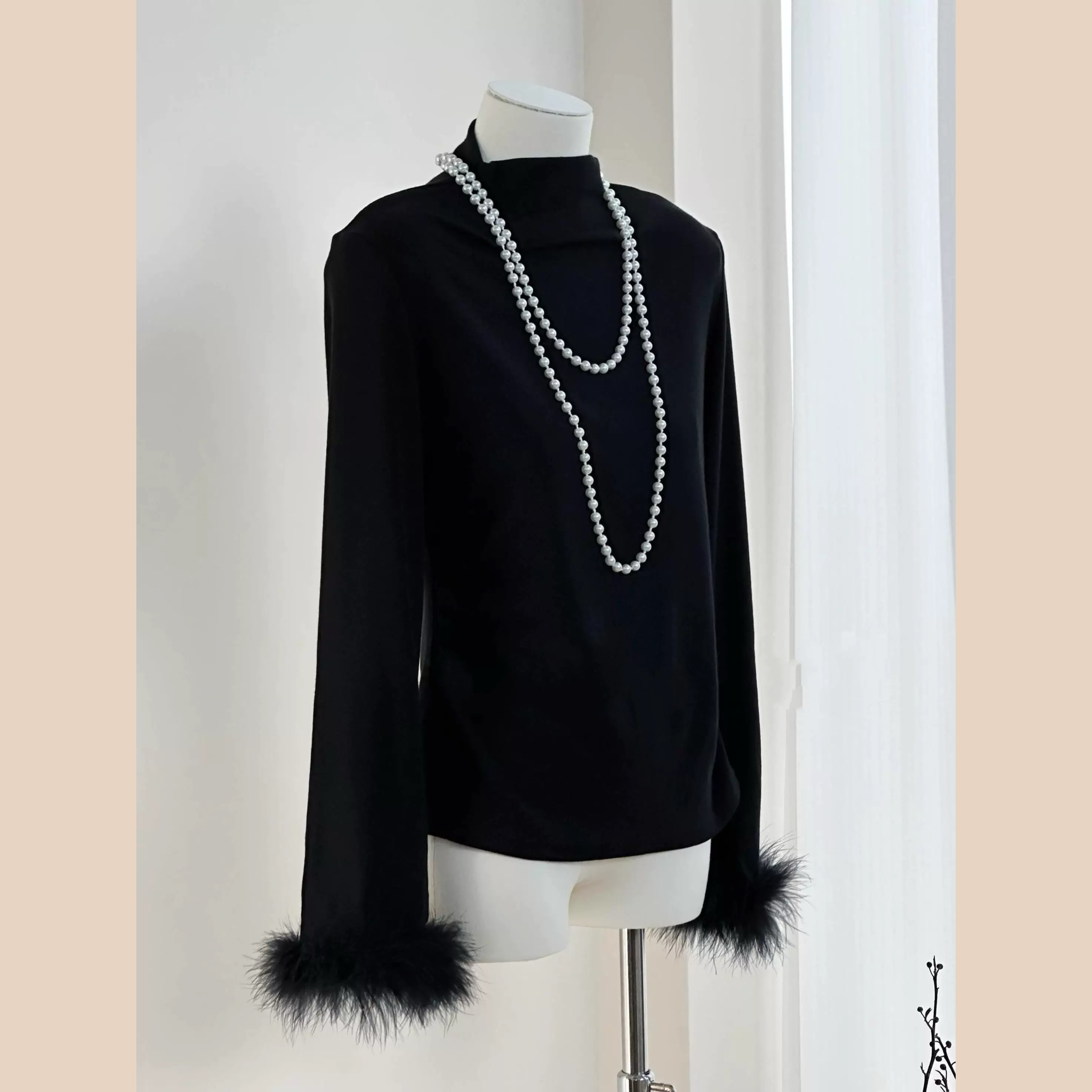 打底衫秋冬高级感百搭高弹力女半高立领袖口真毛鸵鸟毛仙气内搭