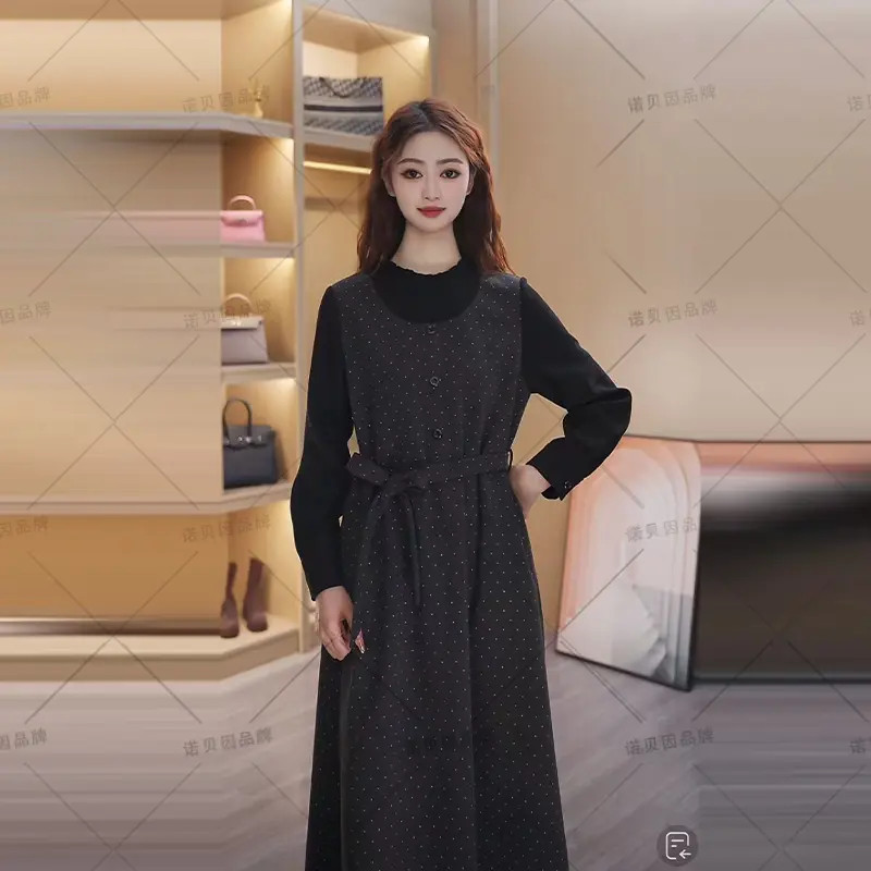 nuobeiyin/诺贝因冬季新款收腰显瘦波点假两件连衣裙 NNBY660953