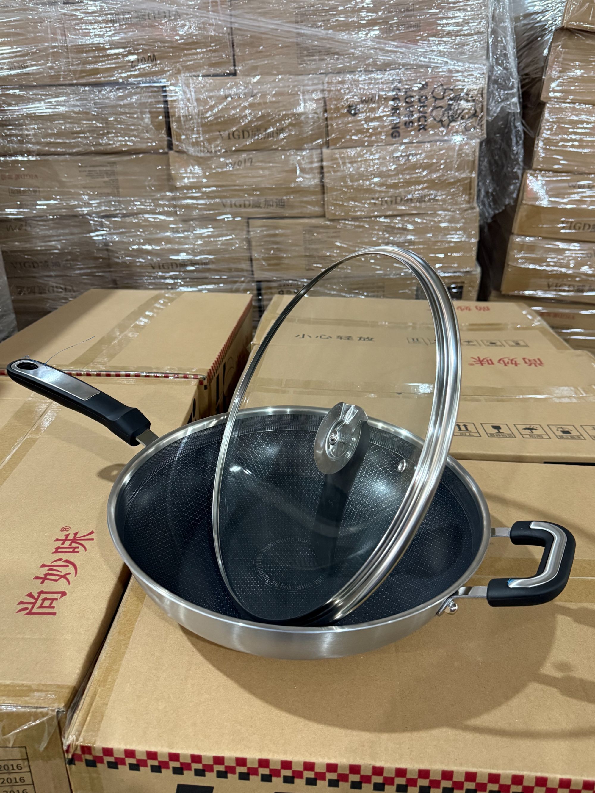 【工厂直发】 7103GM 双面屏316L不锈钢不粘炒锅带盖子带耳朵  32cm