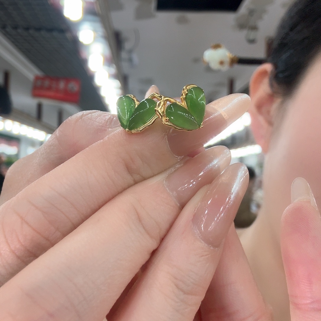 和田玉耳饰银S925镶嵌