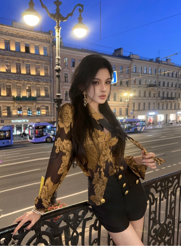 夏媛原创2025国风原创黑配金花朵上衣性感透明衬衫修身显瘦衬衣女