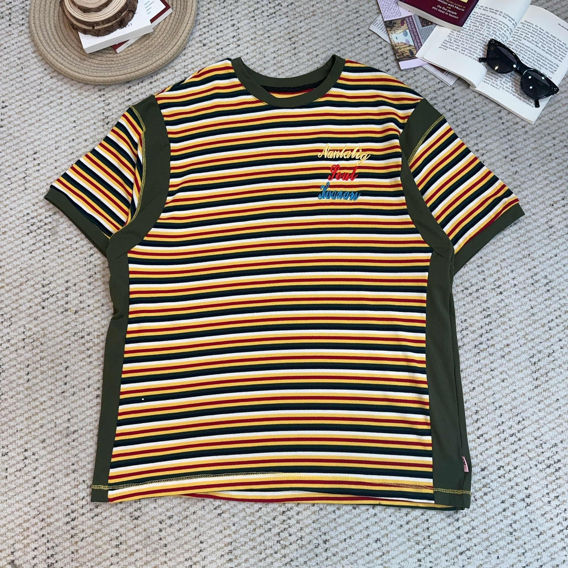 2025夏季新款宽松百搭字母印花条纹短袖T恤3941