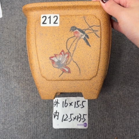 紫砂花盆柴烧奎面手绘四方212