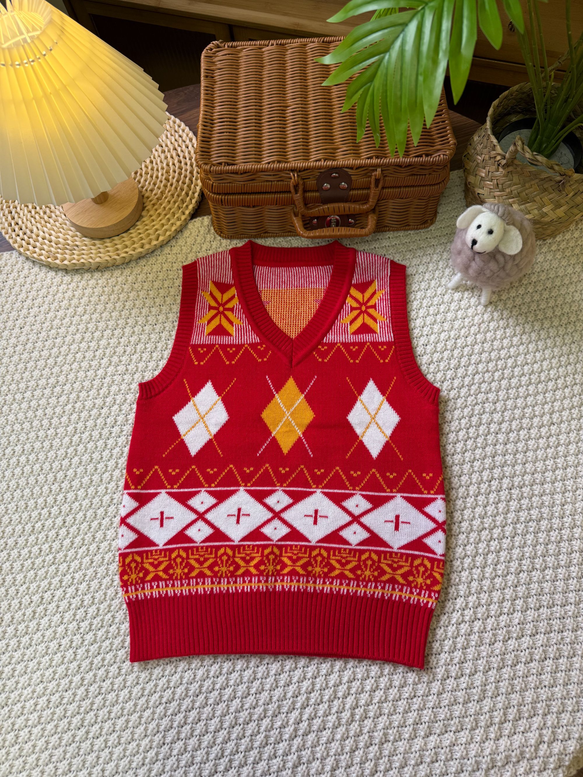 秋冬保暖菱形撞色红色格子薄款英伦提花羊毛马甲童装毛衣