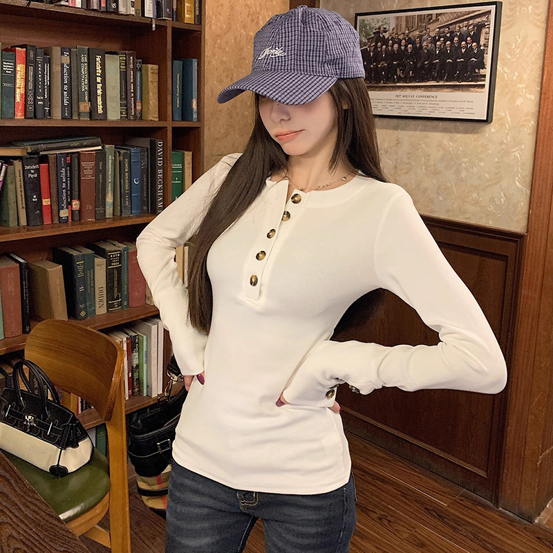 设计感袖口纽扣修身打底衫2025秋季新品开领长袖T恤女亨利衫加绒
