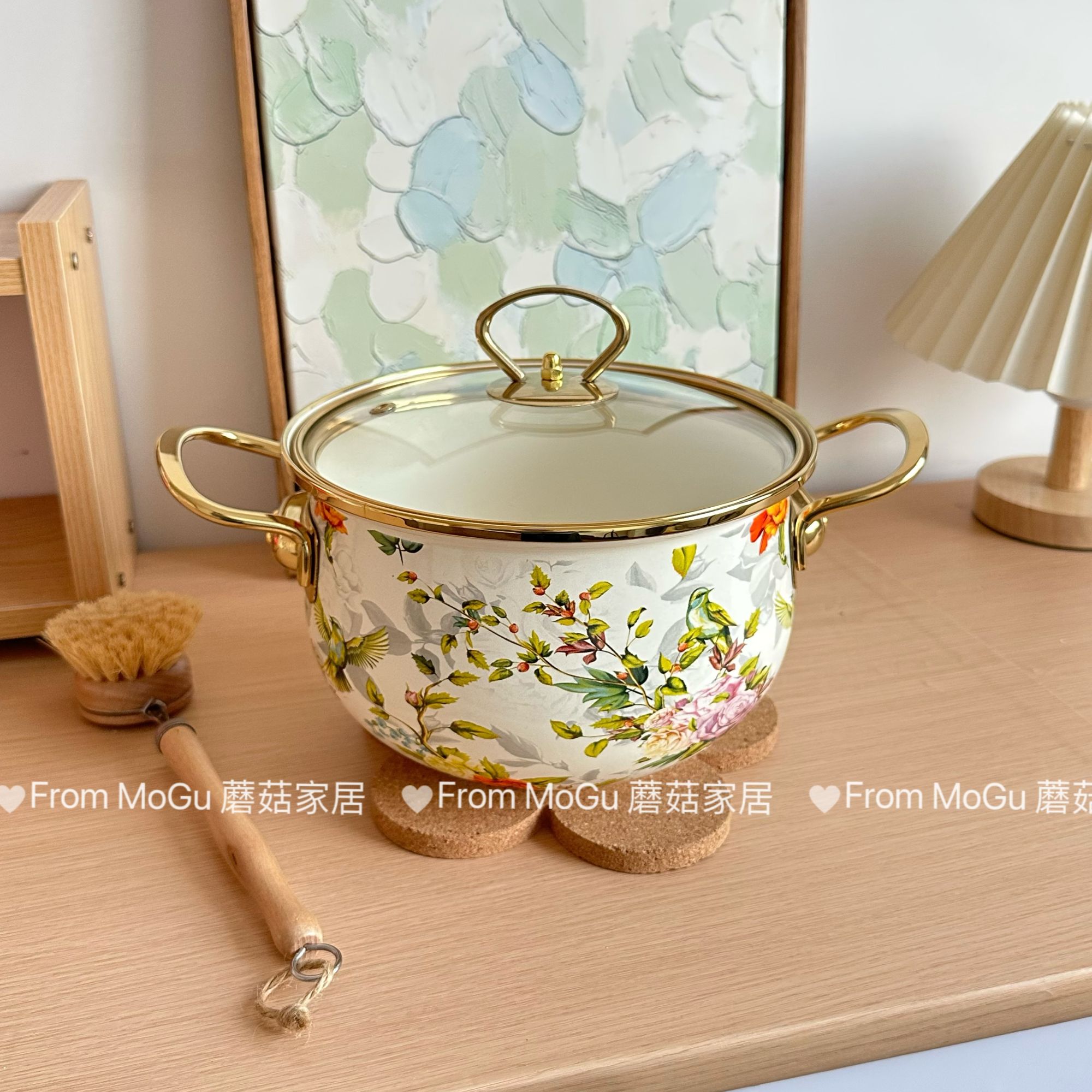 珐琅搪瓷20cm金边花鸟汤锅煮锅炖锅外贸玻璃盖电磁炉明火通用