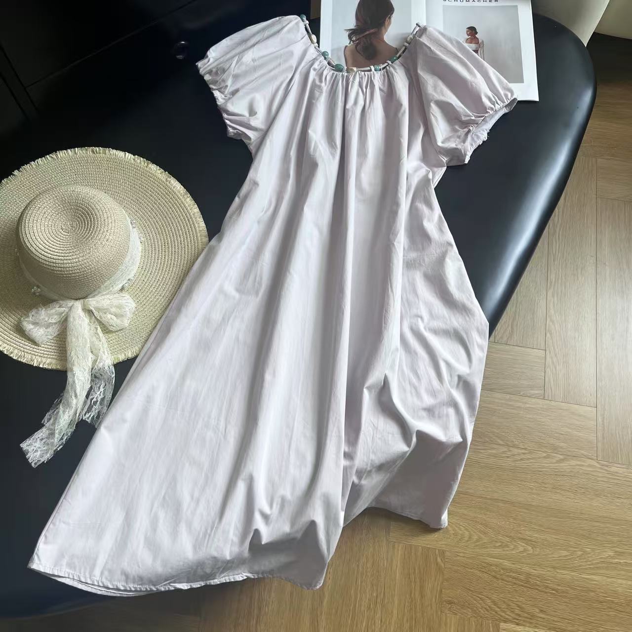 夏季韩系甜美少女感减龄泡泡袖串珠领连衣裙（有口袋）H6827