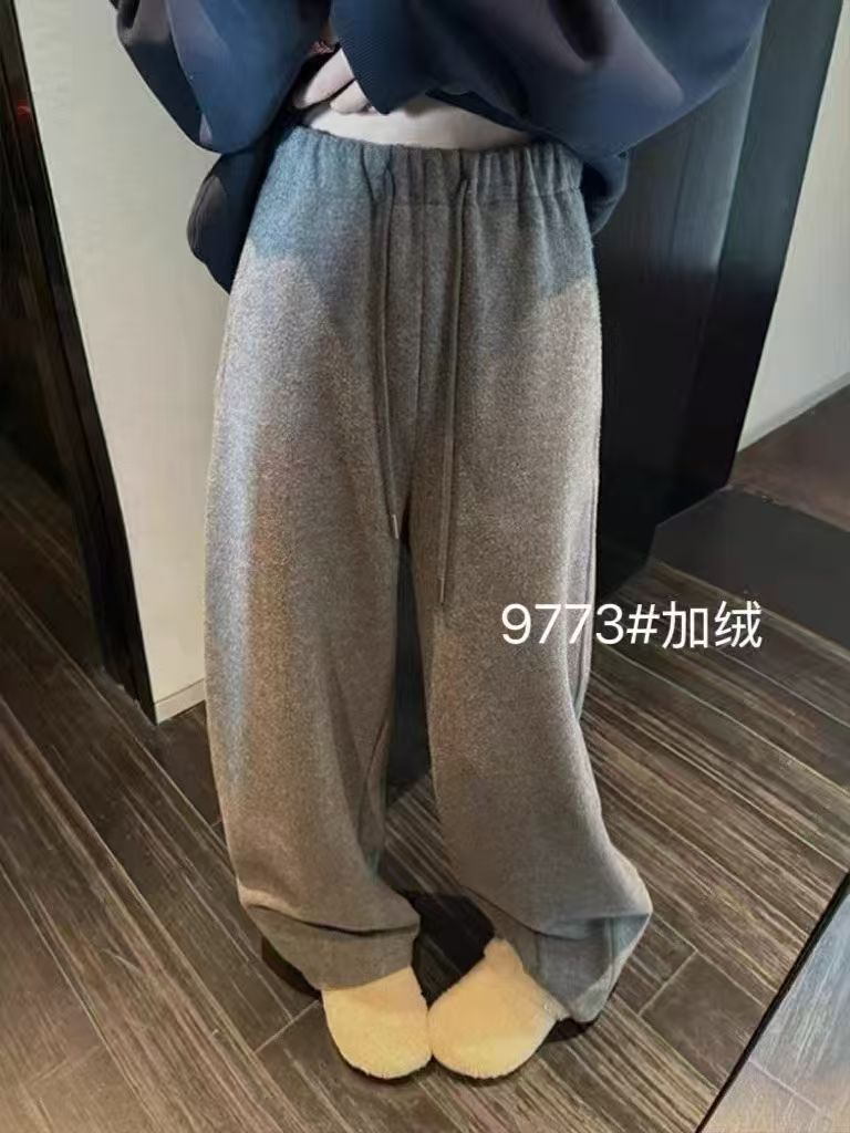 灰色抽绳加厚直筒阔腿裤女冬冬9773新款宽松显瘦百搭休闲拖地长裤