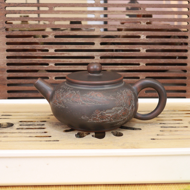 钦州坭兴陶水平壶山水浮雕壶中式茶具复古茶壶纯全手工原矿紫泥壶