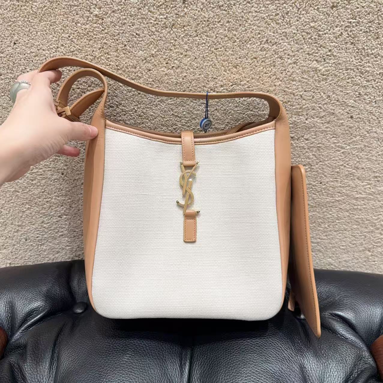 99新 YSL/圣罗兰 hobo帆布拼米色皮革 手提单肩包！
