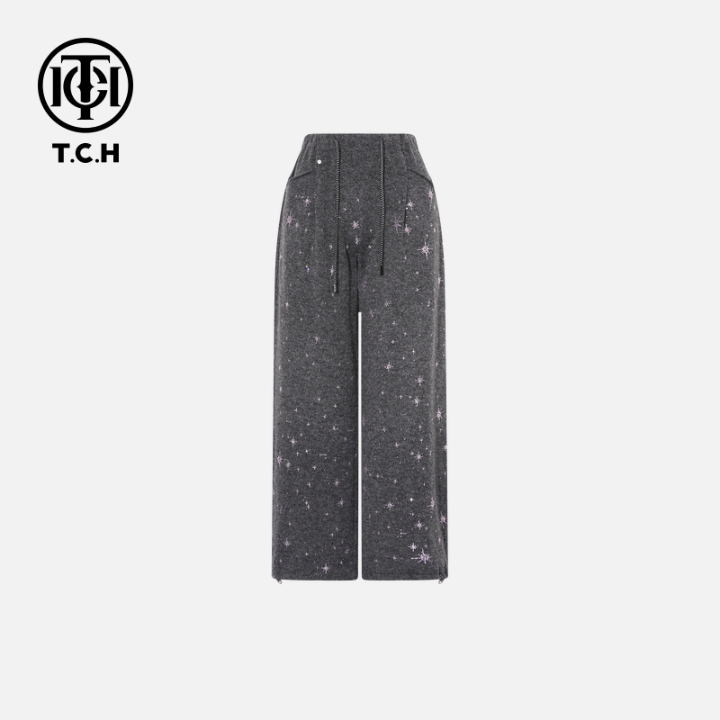TCH【直筒阔腿】冬款百搭时尚烫钻慵懒风深灰色休闲裤T75D20E1156