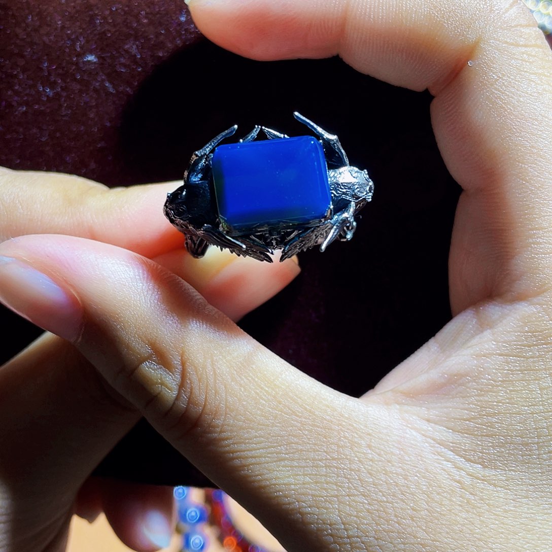 蓝珀裸石银S925镶嵌多米尼加净水皇家蓝戒指