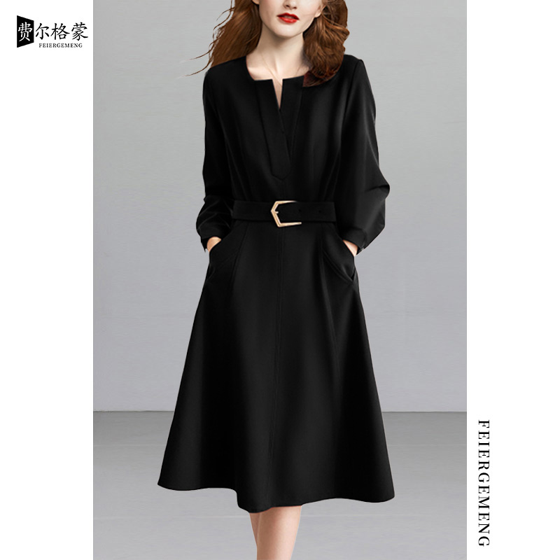 赫本风秋季新款V领气质修身显瘦系带名牌上档次风衣秋冬连衣裙