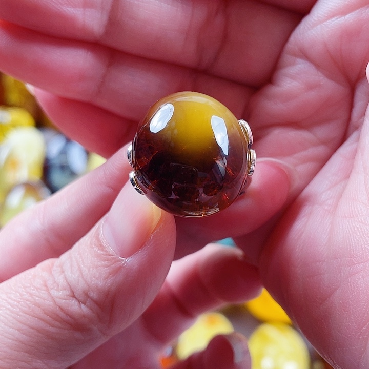 琥珀银S925镶嵌裸石戒指