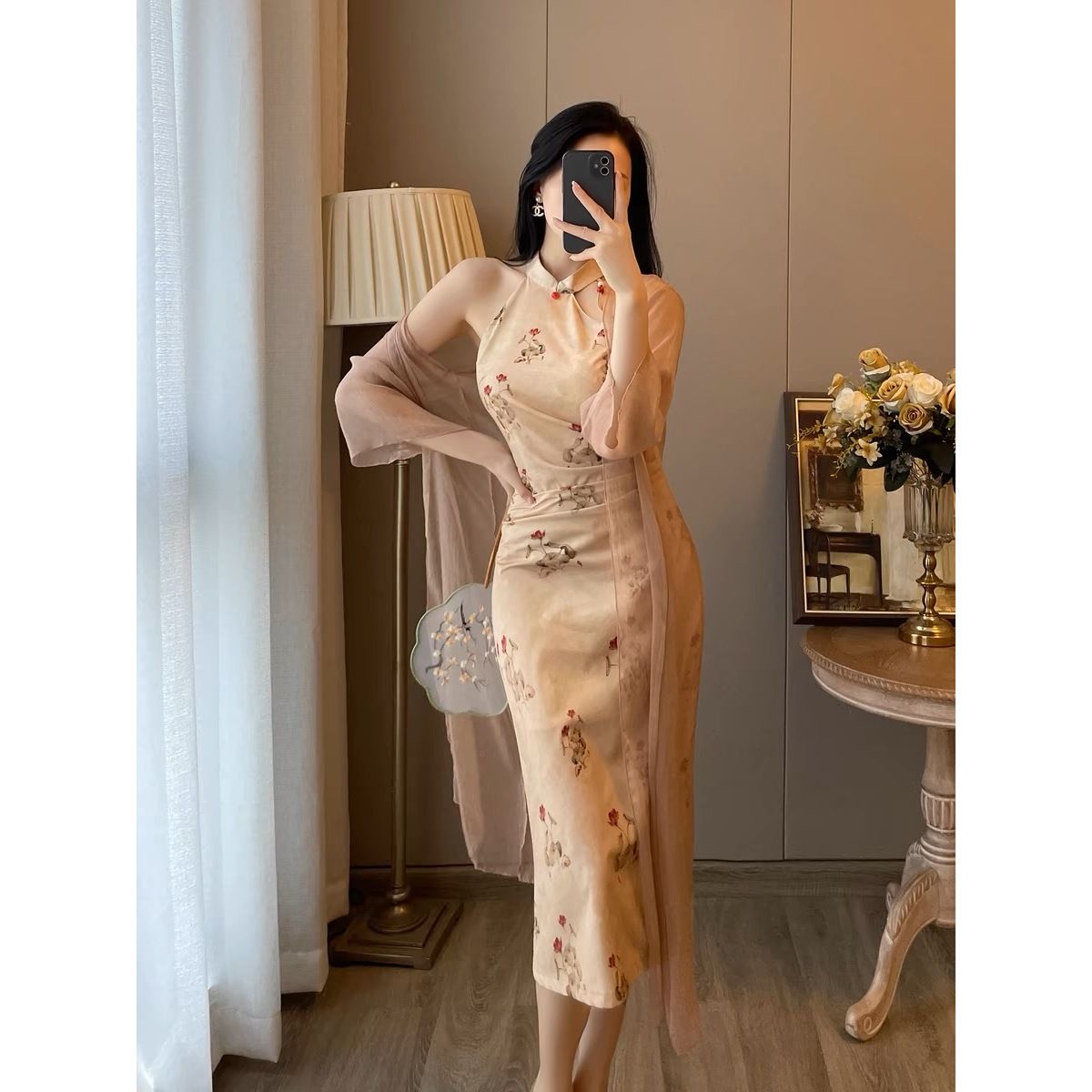 YH-63756大码女披肩两件套2025春夏新款胖mm中式改良旗袍连衣裙