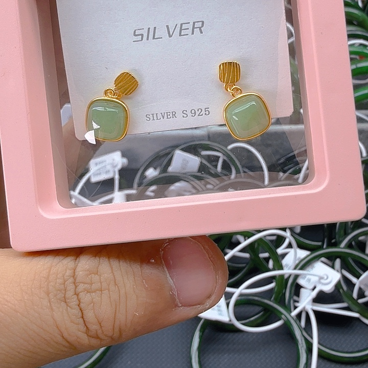和田玉（碧玉）耳饰银S925镀金镶嵌