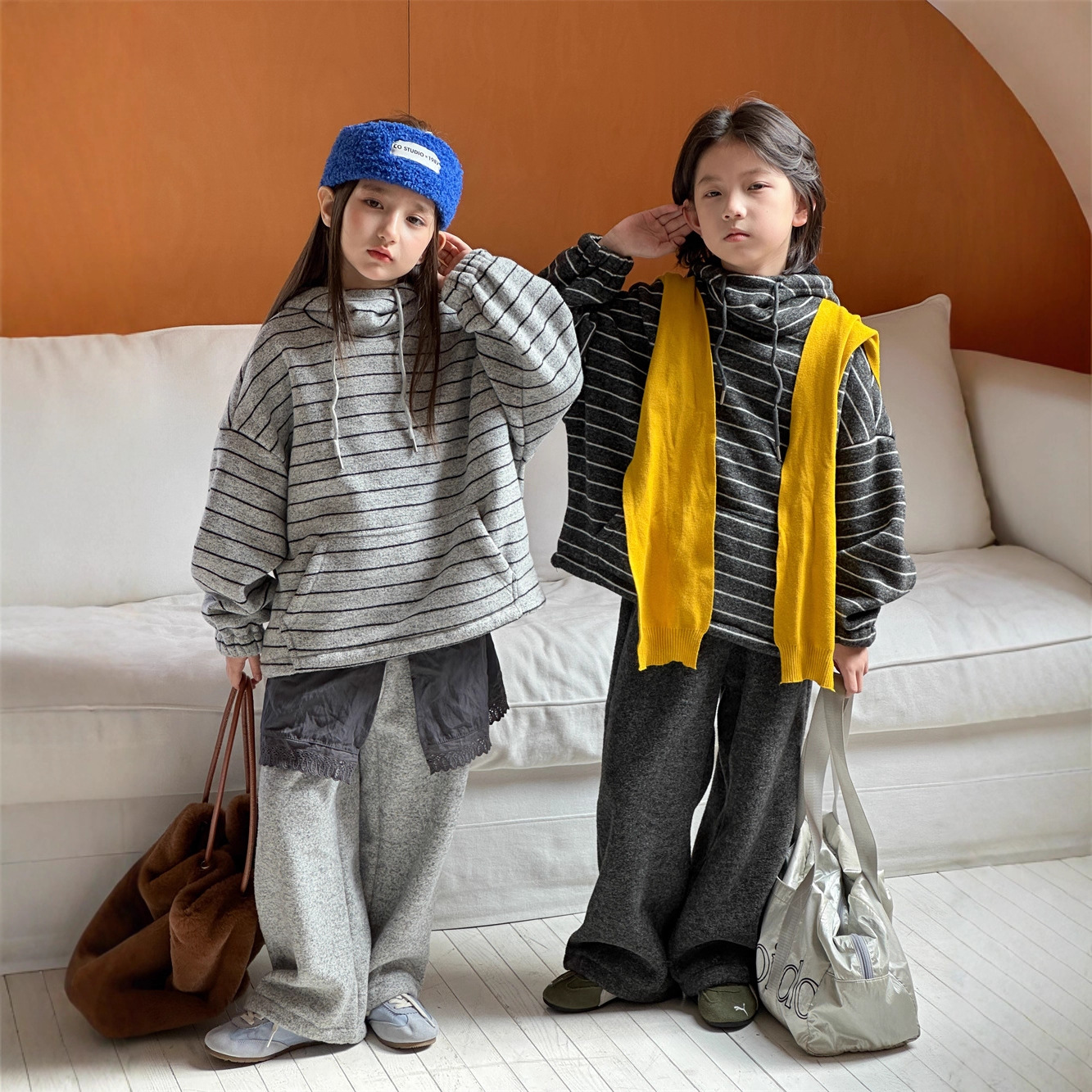 儿童童装男童女童韩版卫衣条纹秋冬套装外套上衣毛衣针织连帽加厚