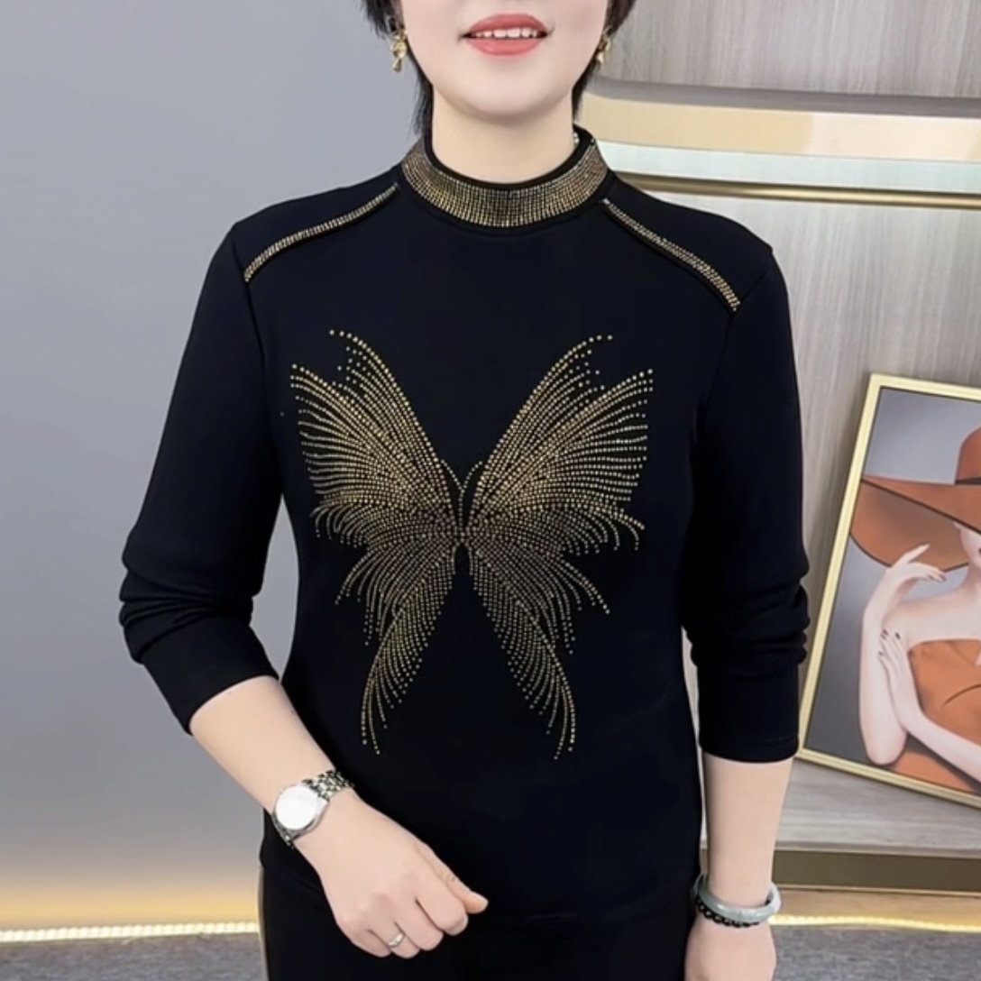 秋冬新款时尚半高领烫钻设计洋气妈妈装潮流百搭休闲打底衫H1588