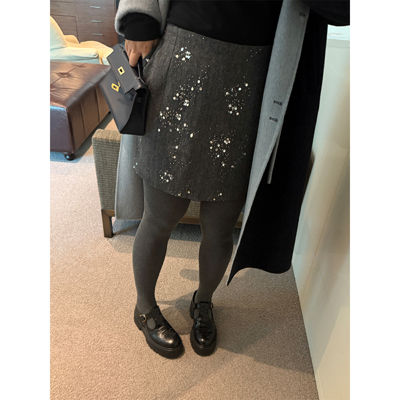 铅笔小鑫大码女装 重工节日氛围感亮片高腰毛呢A字显瘦短裙