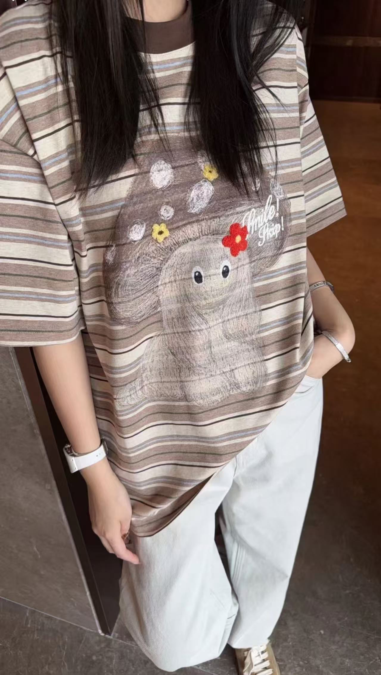 【BAI】印花条纹T恤女夏新款宽松上衣5868