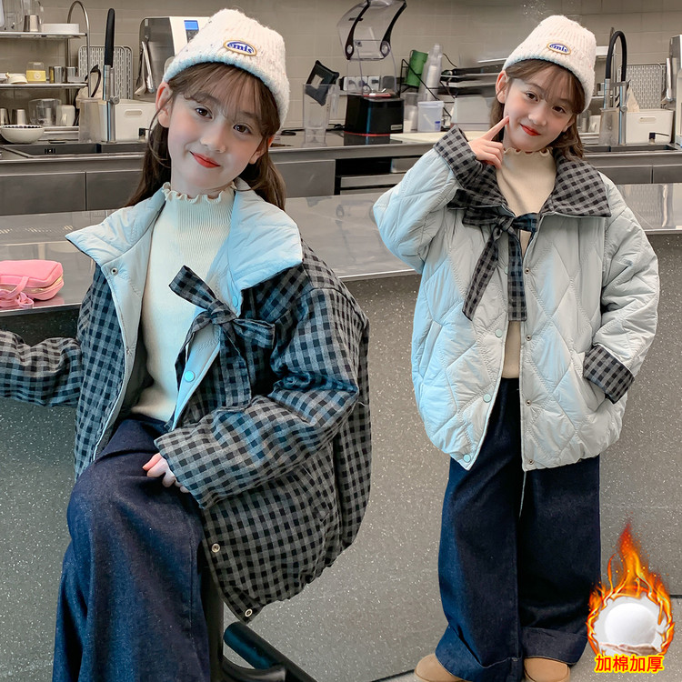 女童两面穿冬季棉服2025新款大童格子夹棉外套秋冬保暖轻薄上衣潮