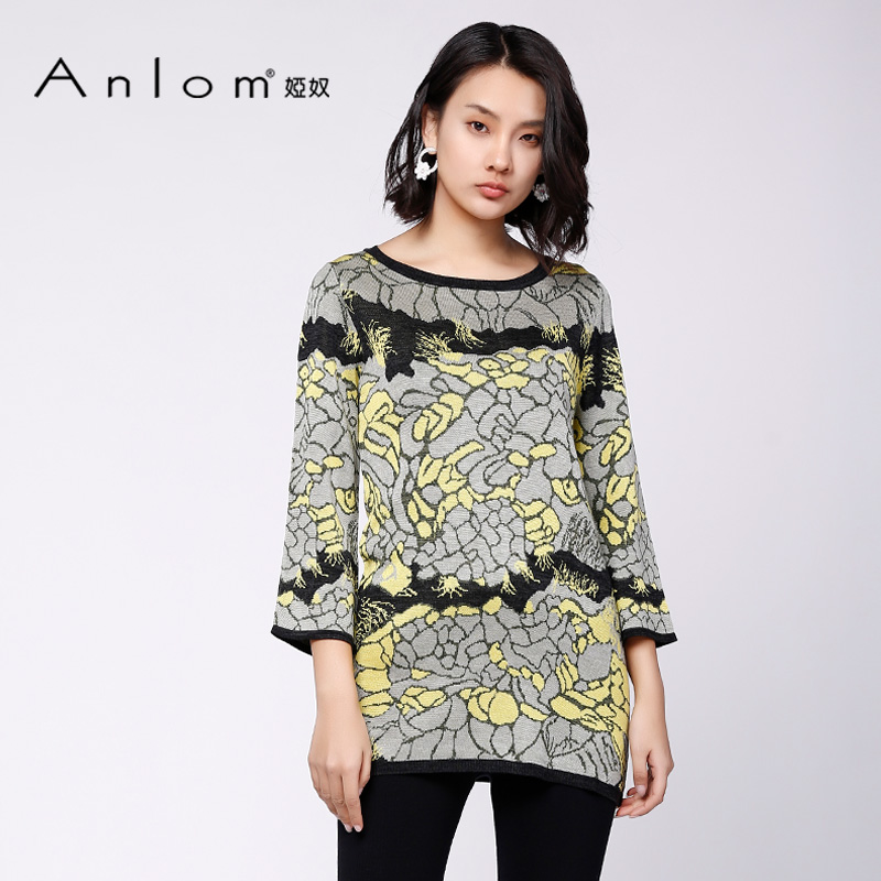 Anlom/娅奴针织衫桑蚕丝春秋新款宽松时尚圆领印花套头针织上衣女