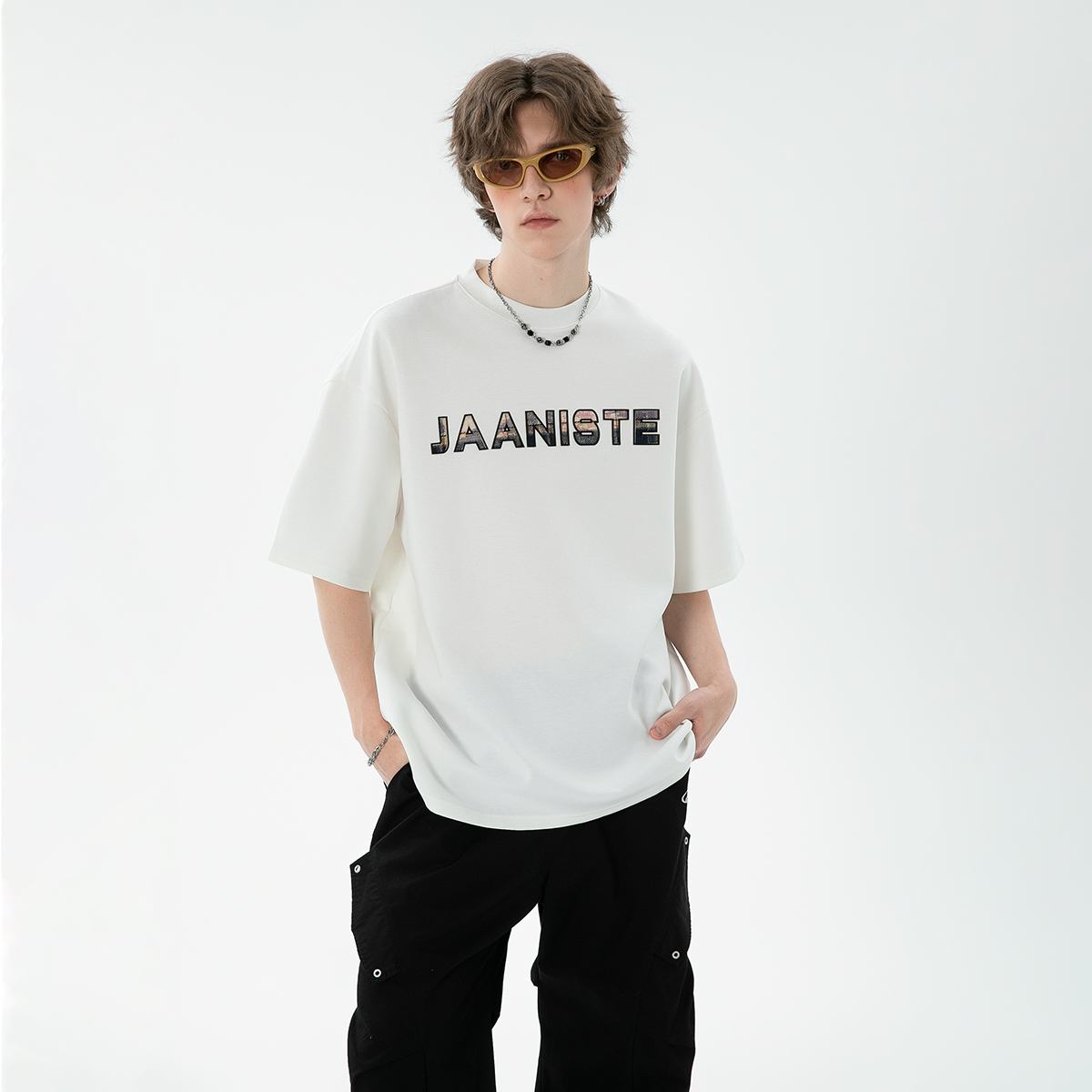 Jaaniste重磅纯棉贴布硅胶设计短袖男t恤夏季休闲宽松百搭五分袖