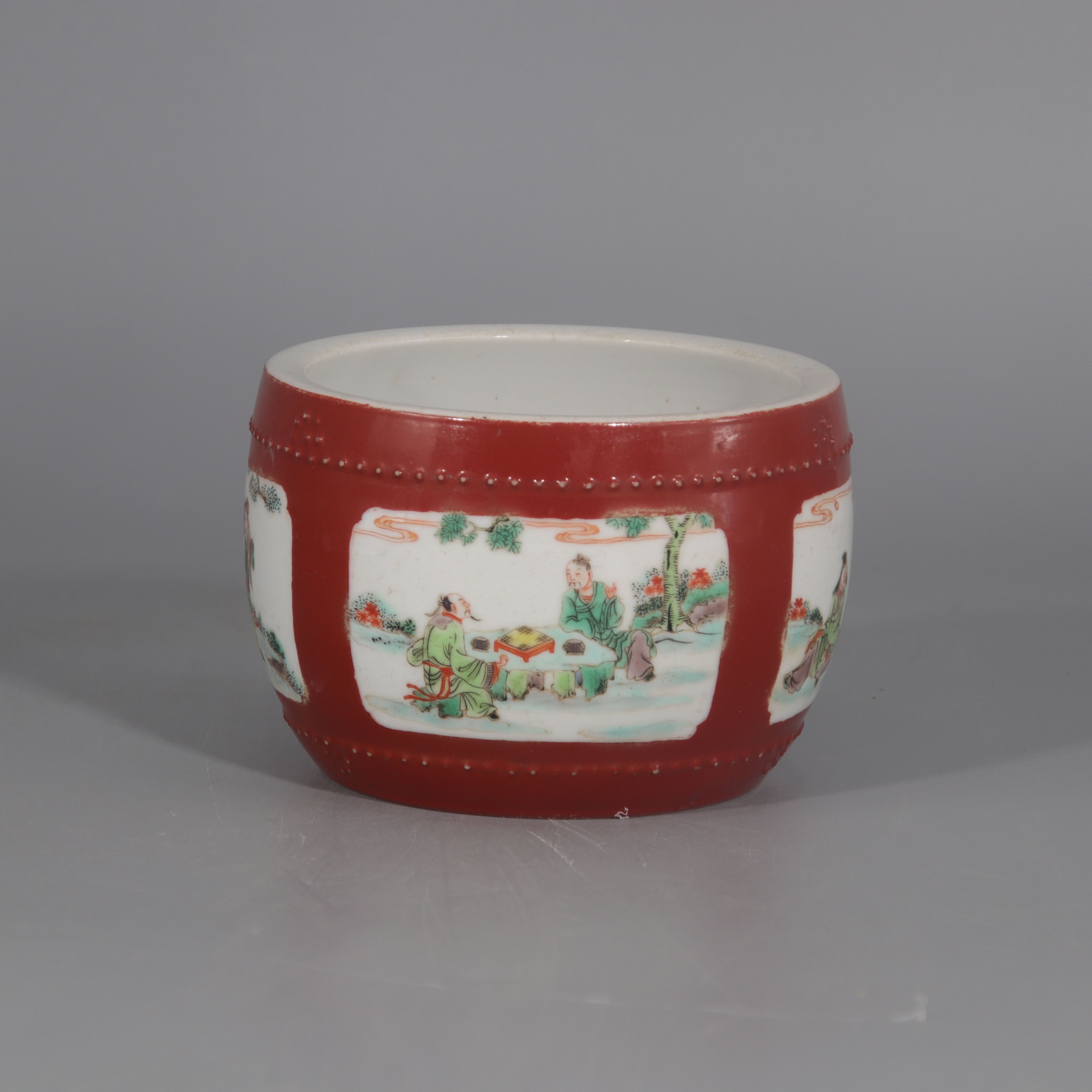 珊瑚红釉开窗粉彩人物故事纹鼓钉洗H501-291