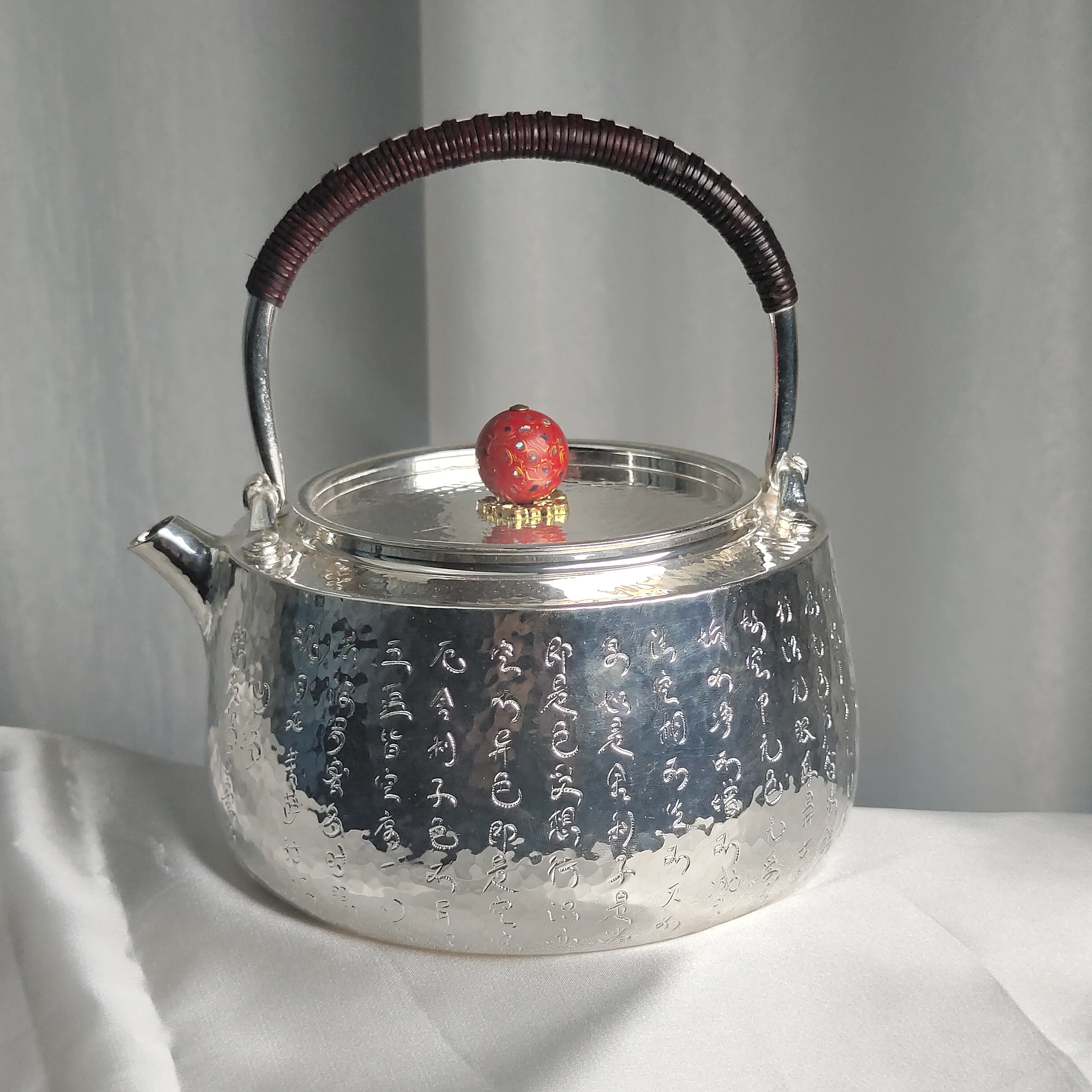 清货-手工纂刻心经纹老师手作999茶壶烧水可明火电陶炉凹盖红顶