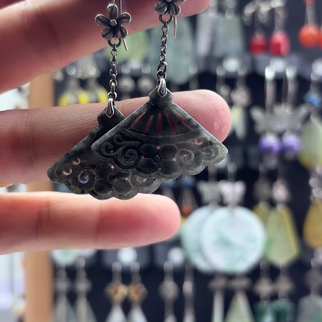 翡翠耳饰银S925镶嵌天然翡翠耳饰925银