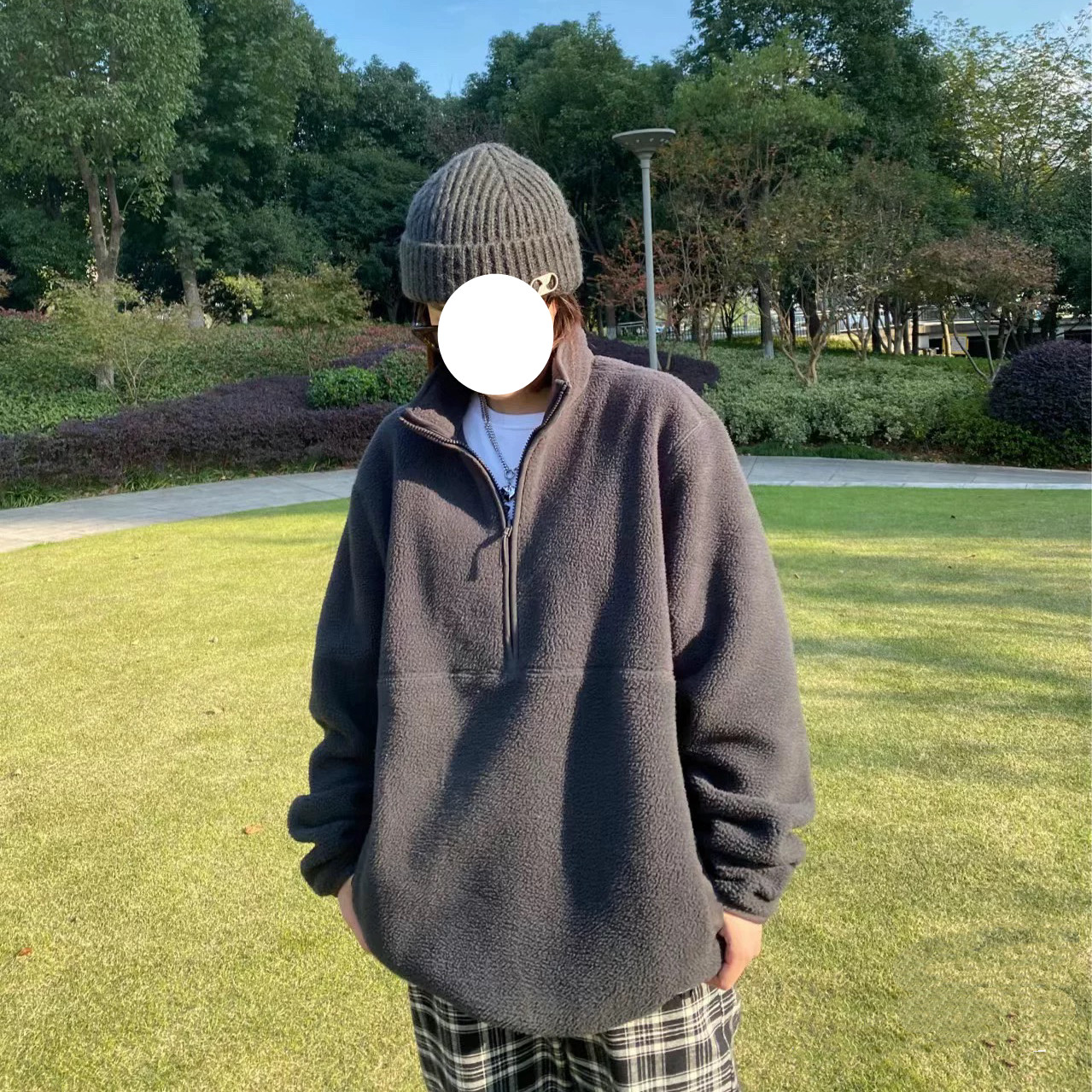 颗粒绒半拉链立领纯色休闲套头卫衣6575