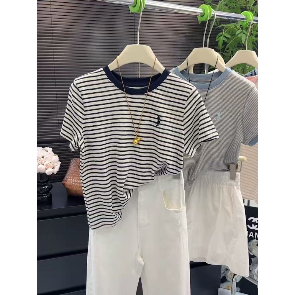 外贸原单韩版宽松显瘦百搭圆领条纹短袖T恤女设计感小众上衣25064