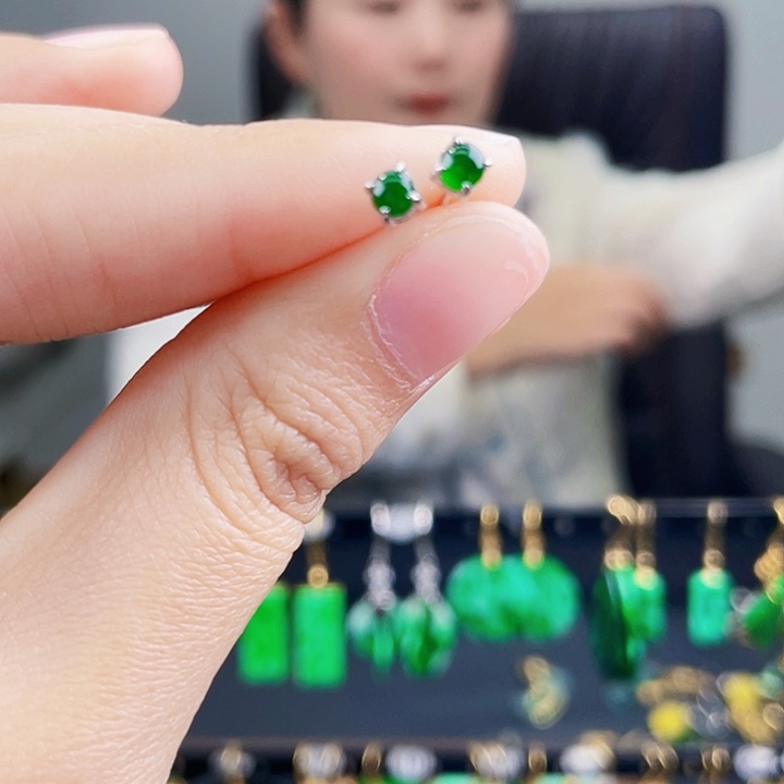 翡翠耳饰银S925镶嵌饰品