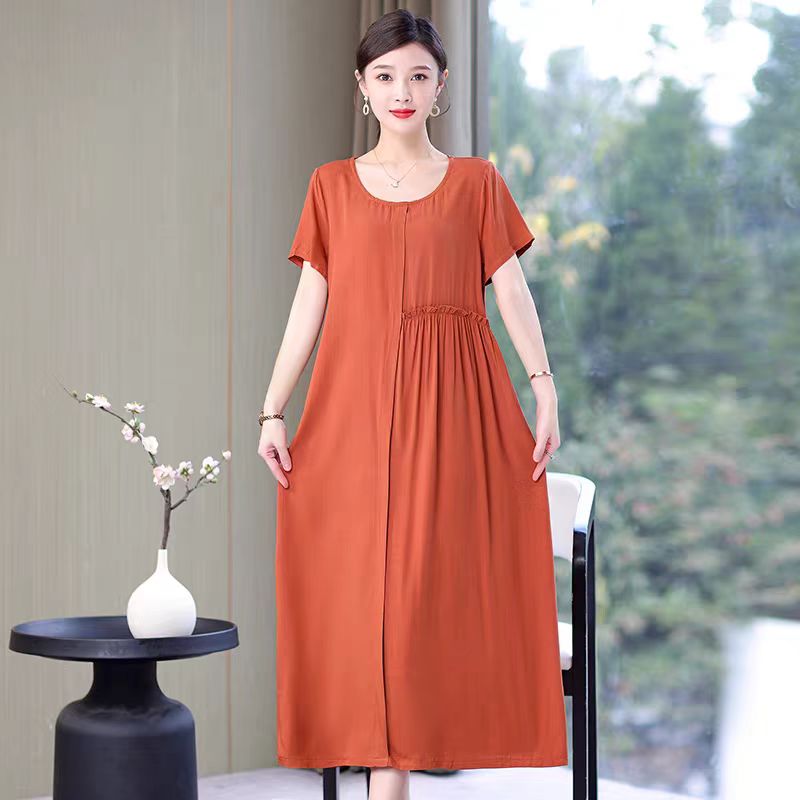 夏季圆领宽松舒适纯色连衣裙C036